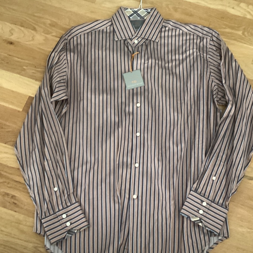 Thomas Dean Brown and Blue Striped Dress Shirt.  Large